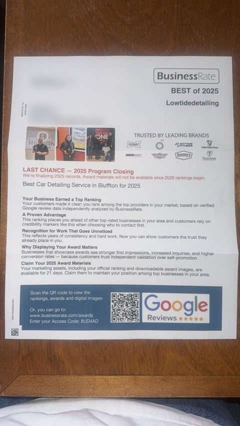 BusinessRate award certificate naming Low Tide Detailing Best Car Detailing Service in Bluffton for 2025