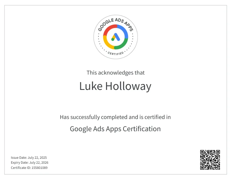 Google Ads App Certification certificate